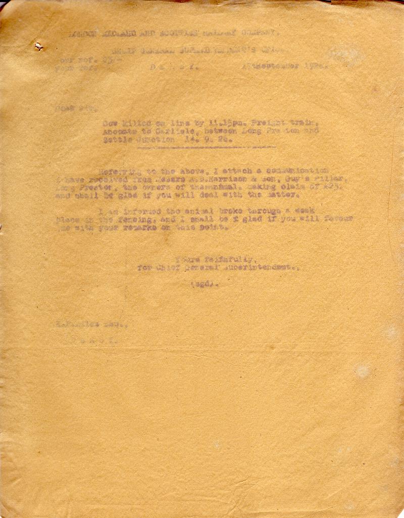 Cow Killed 4.jpg - Letter dated 17th Sept 1926 from Chief General Superintendent regarding cow killed on line Sept 14th